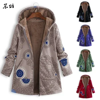 

Print Womens Coat Winter Warm Vintage Pockets Oversize Hooded Coats Female Casual Outwear Fleece Jacket Plus Size