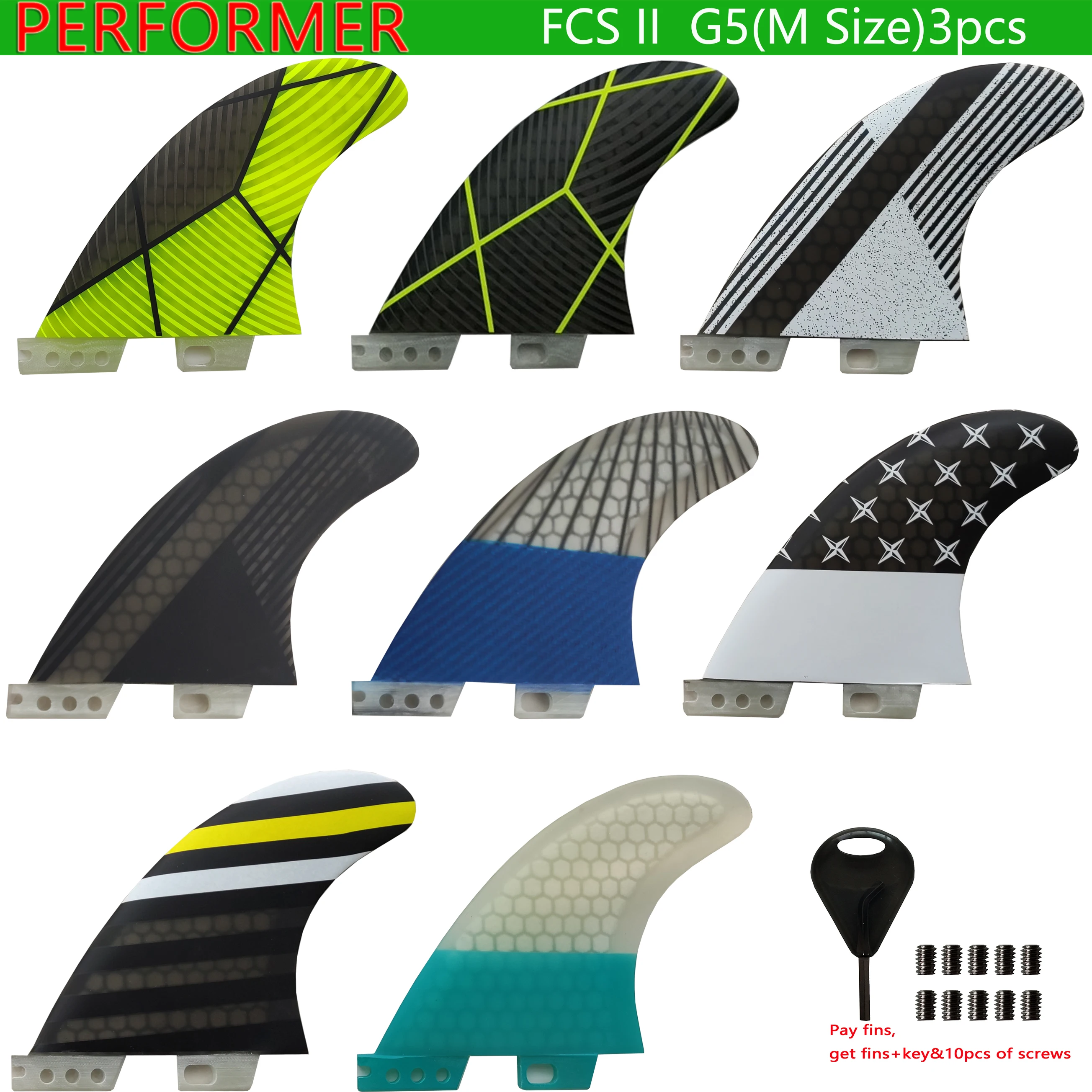 

Free shipping! FCS II G5 PERFORMER PC honeycomb inside foil Medium fins thruster 3pcs/set G7 Future surfing fins