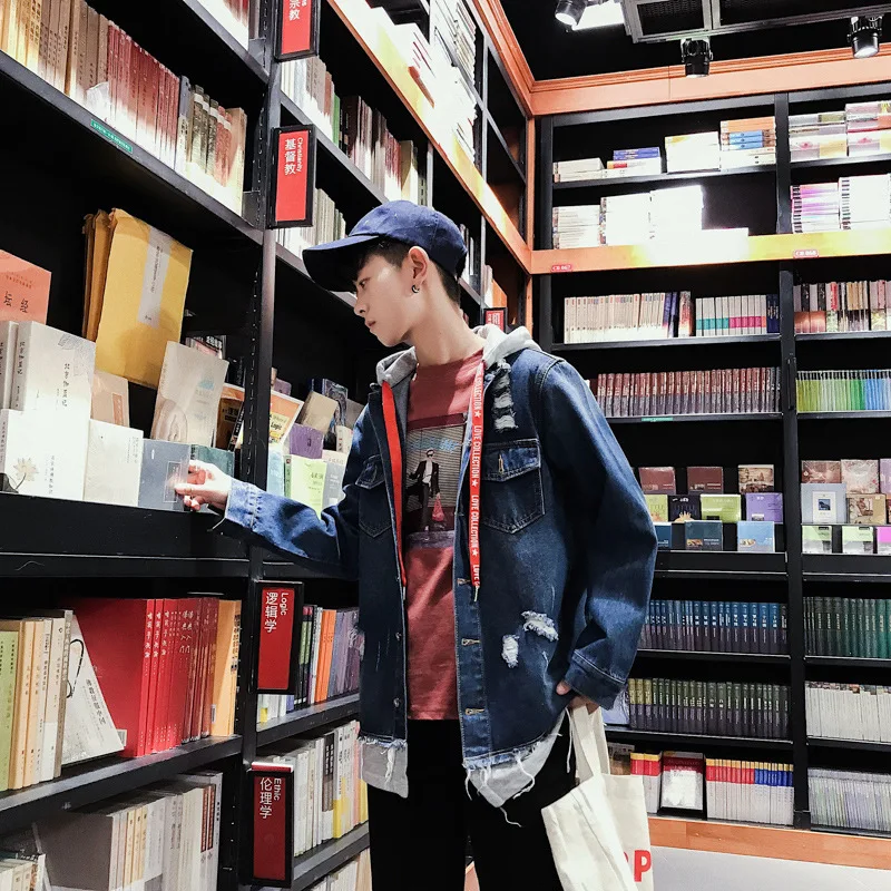 

2018 Spring And Autumn New Products Japanese-style Hong Kong Style Men's Cowboy Hooded Jacket with Holes Retro Loose-Fit Coat
