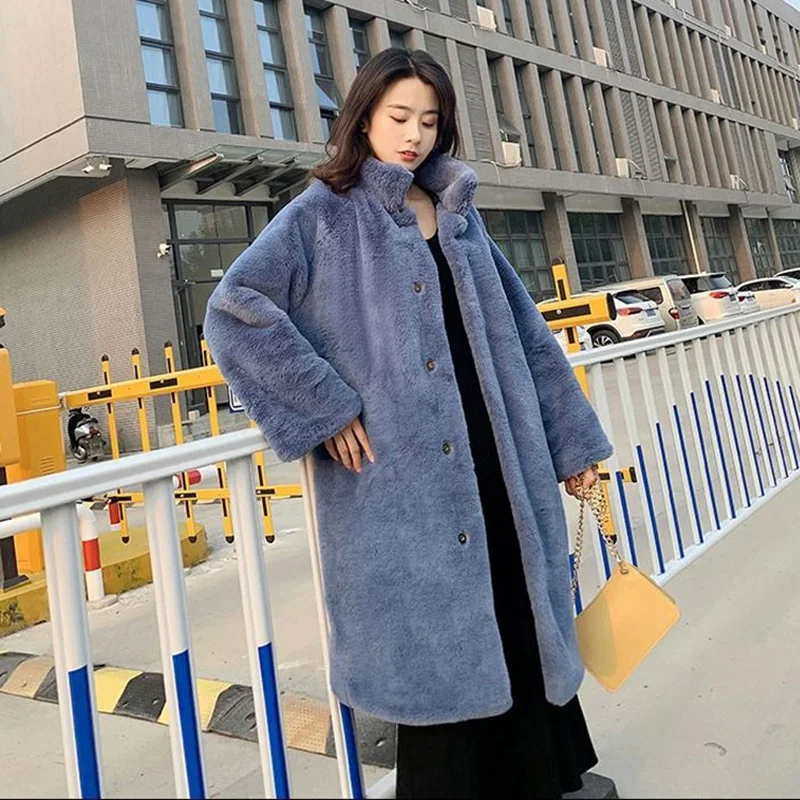 Женское пальто из искусственного меха, новинка, повседневная меховая Толстая теплая длинная куртка из искусственного кроличьего меха, свободное зимнее пальто для женщин, casaco feminino Blue - Цвет: Синий