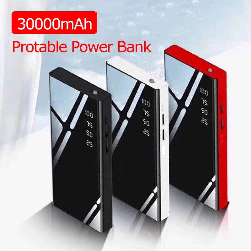 

30000mAh Mirror Power Bank Battery Charger LCD Dual USB PowerBank For Xiaomi IPhone X 8 7 6s Huawei Samsung