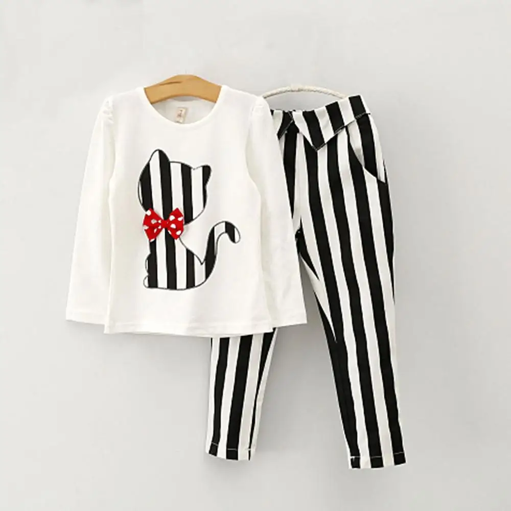 

kids clothes girls set Cartoon cat pattern long-sleeved top and striped trousers (black and white) two-piece suit girl set