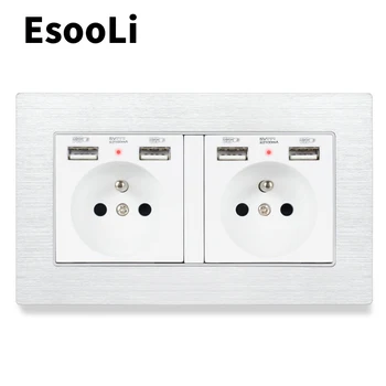

Esooli French Standard Wall Socket With 4 USB Charge Port For Mobile Phone Hidden Soft LED Indicator Black Aluminum Panel