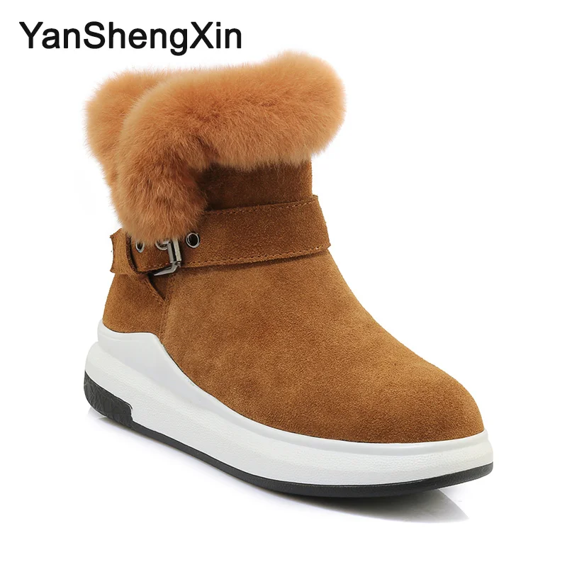 YANSHENGXIN/обувь; женские ботинки; зимние ботинки на платформе из коровьей кожи; теплая шерстяная женская обувь; зимние ботинки; модные женские ботинки с пряжкой - Цвет: Tan