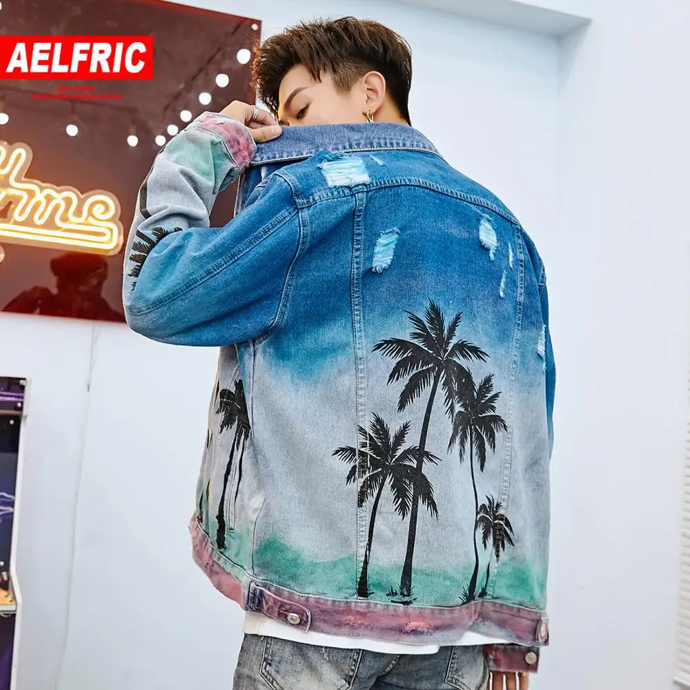 

AELFRIC Color Clock Coconut Tree Printed Mens Denim Jackets Harajuku Hip Hop Long Sleeve Fashion Streetwear Male Outwear Coats