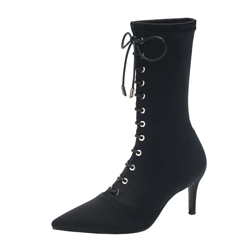 Г. Осенне-зимние новые стильные ботинки на высоком каблуке с острым носком пикантные эластичные ботинки на шнуровке женские ботинки