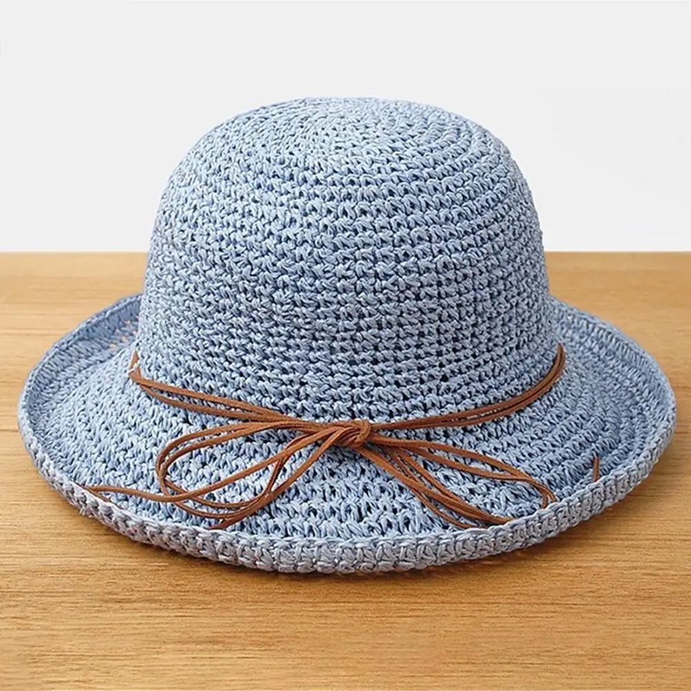 Studyset Summer straw weaving Braided UV Protection Bow Knot Beach Hat Foldable Bucket Cap crocheting