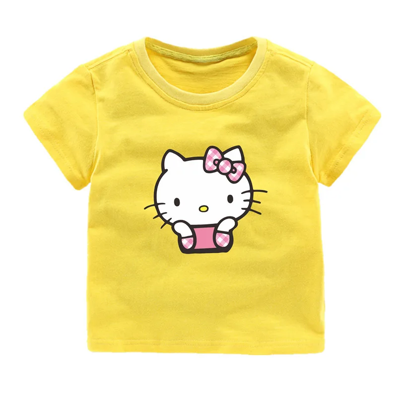 thumbnail image 1 of Hello Kitty-Camiseta de algodón con cuello redondo para niña, ropa deportiva informal de manga corta con estampado de dibujos animados para bebé, Top, 1 of 4