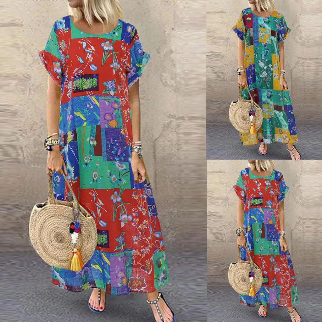 JAYCOSIN 2019 Fashion Dress Women Vintage Bohemian Print Short Sleeve O-Neck Plus Size Maxi Dress Girls Color Loose Female 724