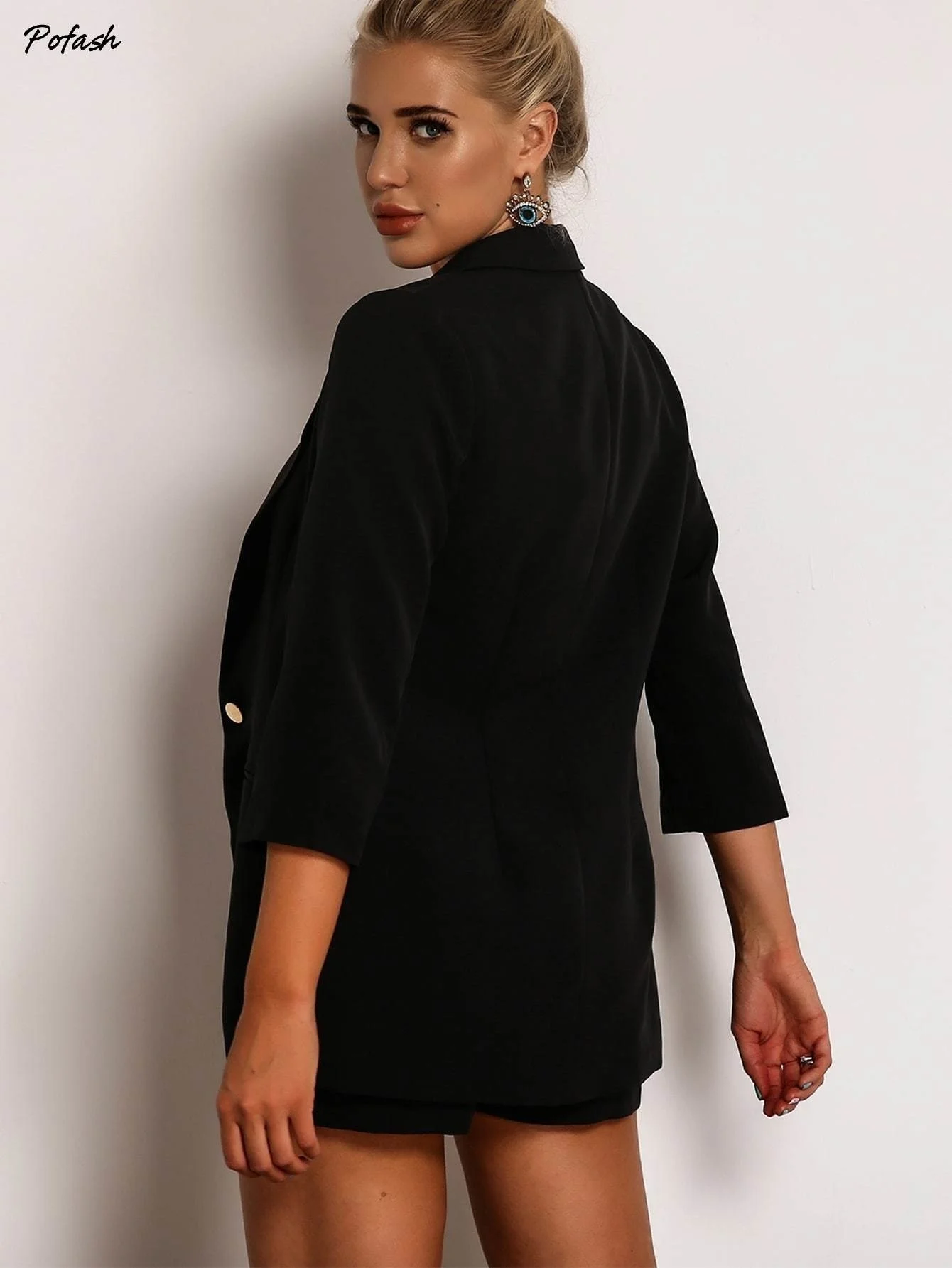 Joyfunear Single Button Blazer & Ring Detail Short Set Joyfunear Single Button Blazer & Ring Detail Short Set