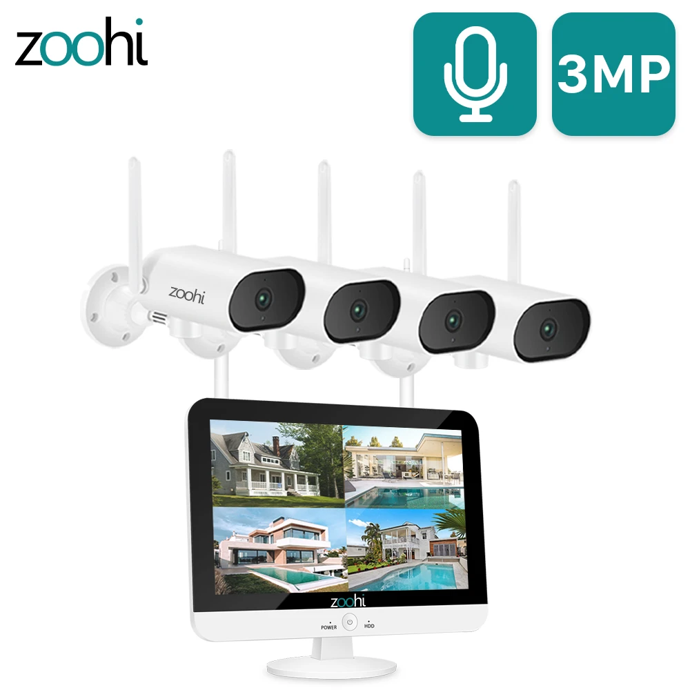 Zoohi 3MP HD Wifi Pan&tilt Camera 13-inch Wireless Monitor NVR Surveillance Video System Home Outdoor Security Camera System hidden wireless surveillance cameras