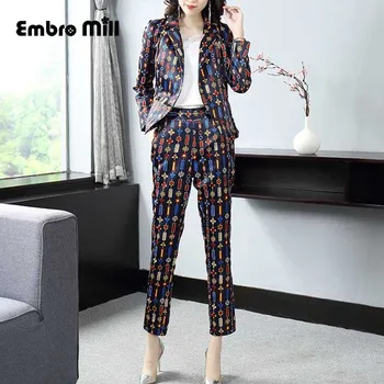 

Autumn The New Color 2 piece set women Office style Suit coat +pencil Nine pants elegant Slim Two-piece set S-XL