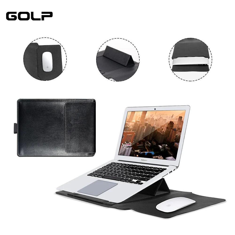 

GOLP PU Leather Laptop Sleeve Bag with Holder Stand Universal Pouch Case For Macbook Air 13 12 11 Pro 15 15.4 2018