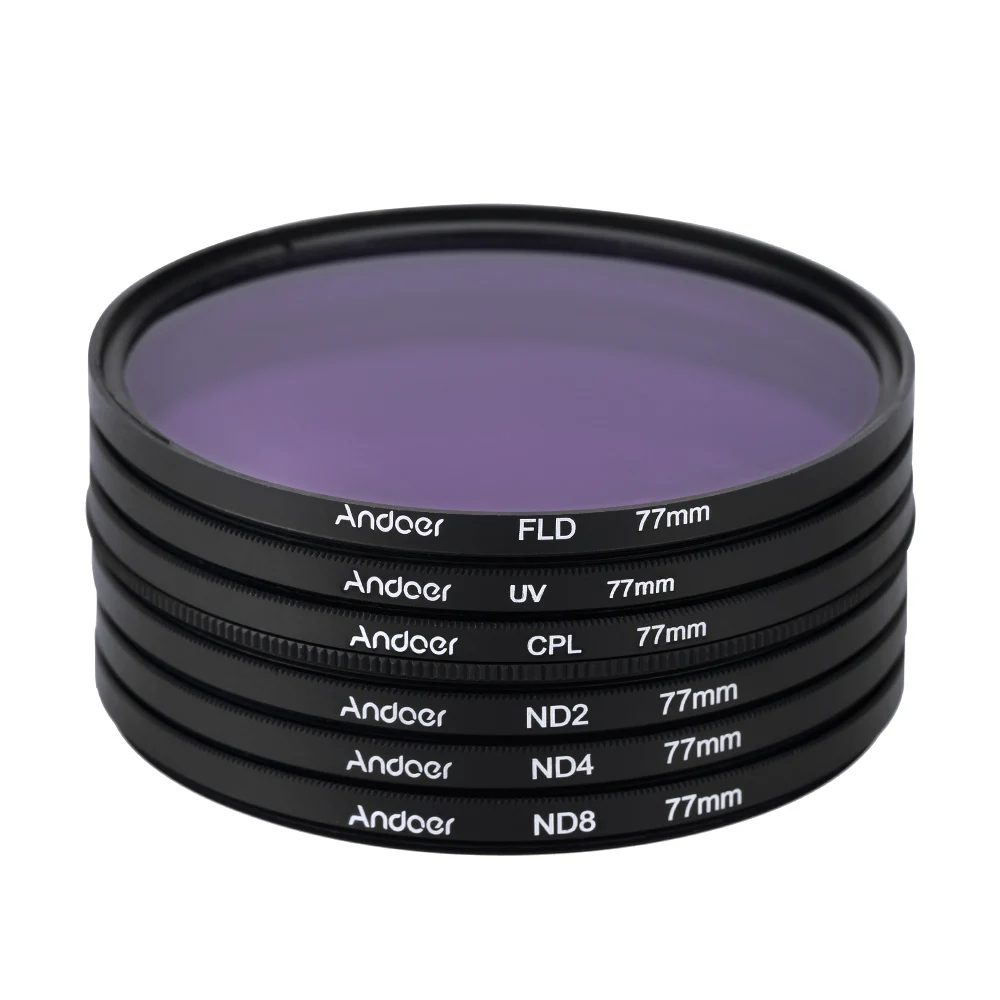 Andoer 77mm UV+ CPL+ FLD+ ND2/4/8 фотография Комплект фильтров УФ круговой поляризационный флуоресцентный фильтр объектива Цифрового Фотоаппарата Canon sony однообъективных цифровых зеркальных фотокамер и записывающих