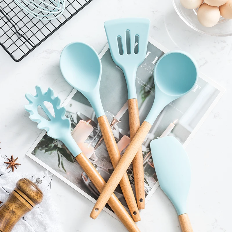 Silicone Kitchenware Cooking Utensils Set Non-stick Cookware Accessories  Spatula Wooden Handle Black Cute kitchen Gadget Sets - AliExpress