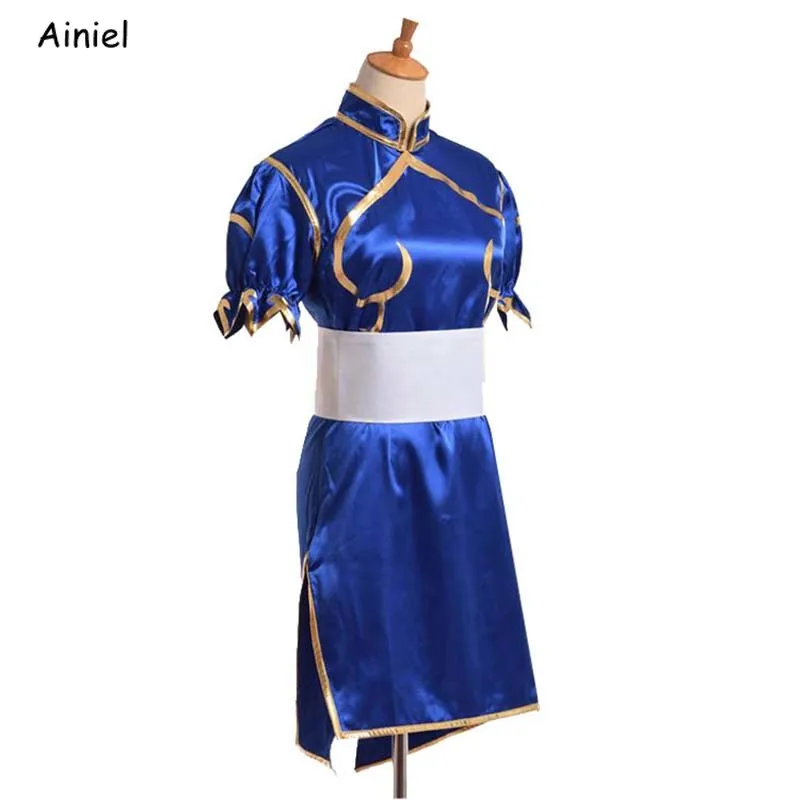 Игры Chun Li Косплей Костюм Sutorito Faita синее сексуальное платье cheongsam пояс головные уборы костюмы на Хэллоуин платье для женщин девочек