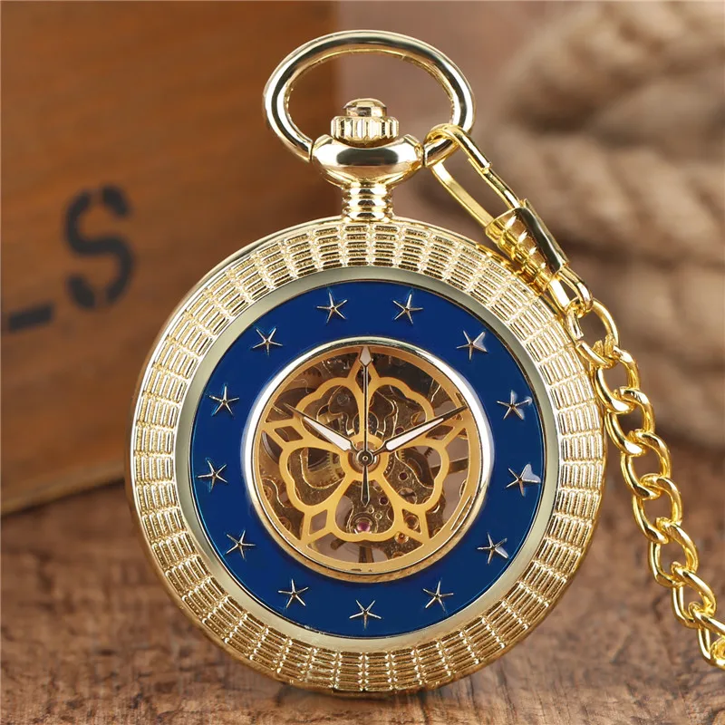 Bronze/Silver/Gold Unisex Mechanical Hand Winding Pocket Watch Carving Star Skeleton Clock for Men Women Pendant Chain Gift