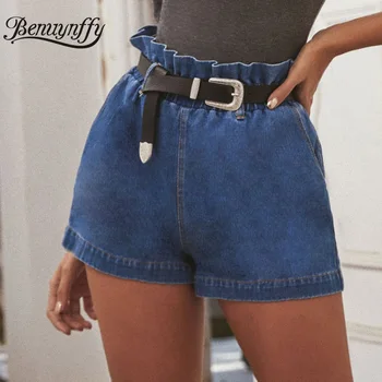 

Benuynffy Vintage Casual Washed Denim Shorts Women Pocket High Waist Straight Shorts 2020 Ladies Summer Retro Belt Short Jeans