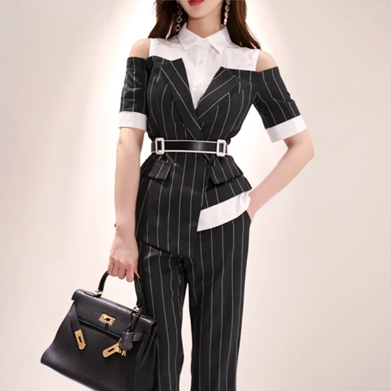 

2019 Autumn New Women Fashion Suit Hollow Out Short Sleeve Striped 2 Pieces Set Elegant Long Trousers Women Tracksuit Pantalones