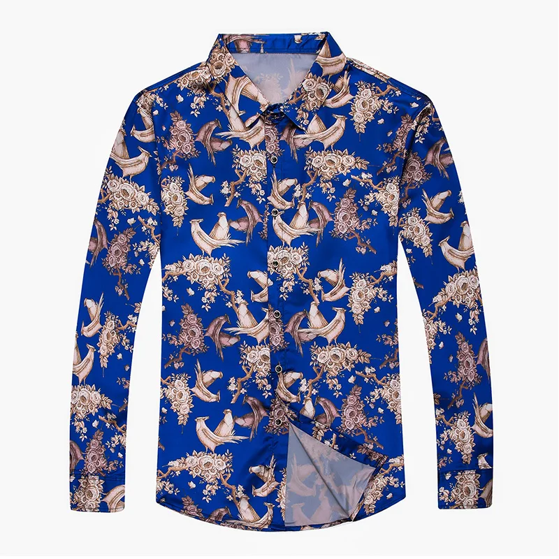 Men's Dark Blue Floral Printed Silk Elastic Long Sleeve Plus Size Shirt for Flowers Party Dress image 4
