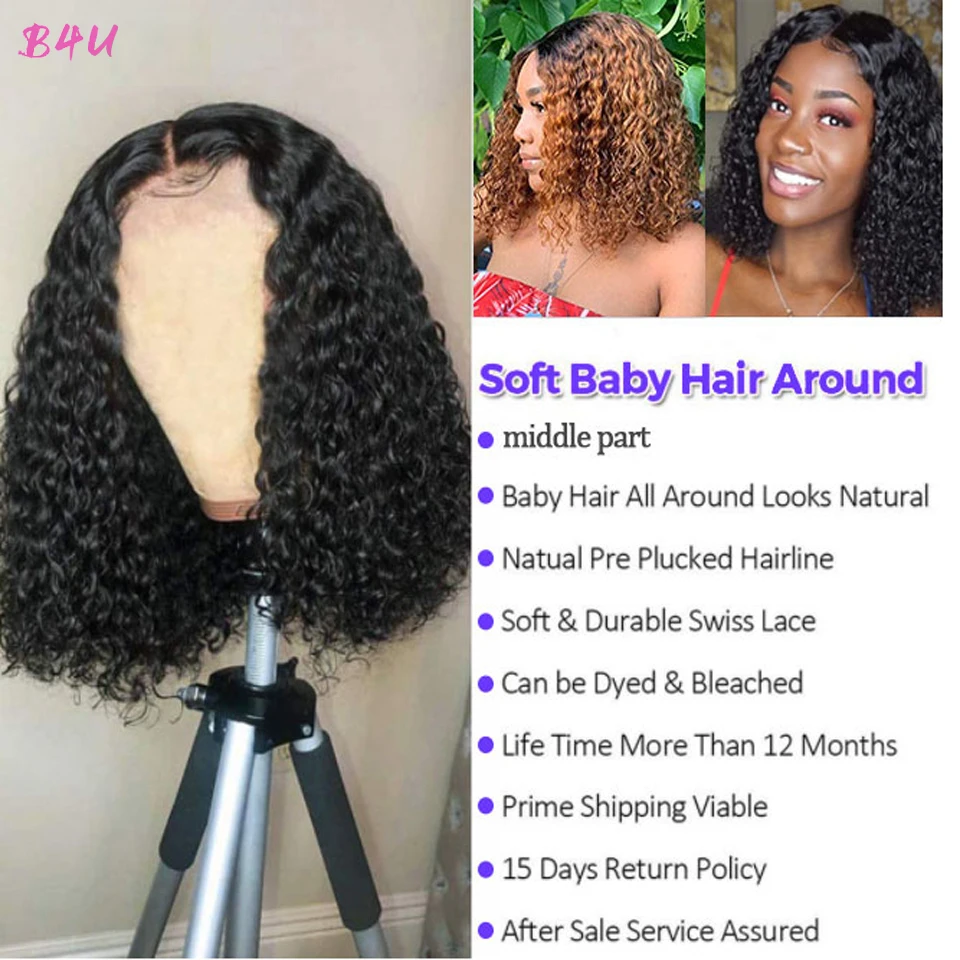 Frente do Laço Perucas de Cabelo Fechamento do Laço Onda Profunda Peruca Humano 4x4 Brasileiro Remy Cabelo Curto Kinky Encaracolado Perucas Bob 13x4 11 Cheap Apliques com cabelo humano