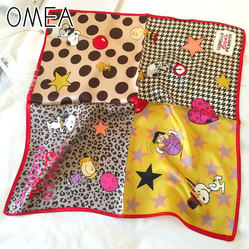 

OMEA 100% Real Silk Scarf Square Cute Dog Cartoon Silk Scarf Women Spot Leopard Plaid Scarf Satin Neckerchief Head Scarf Luxury