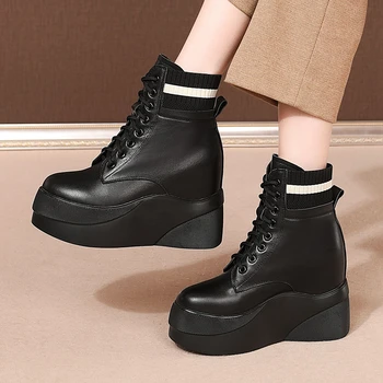 

Brand New Genuine Leather Platform Height Increases Shoelaces Cow Skin Knitting Ankle Boots Stylish Winter Shoes Boots Women