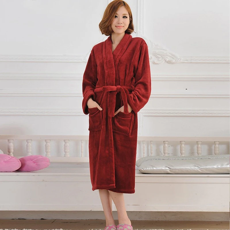 Women Men Flannel Bath Robe Sleepwear Autumn Winter Solid Plush Couple Bathrobe Thick Warm Female Robe Dropshipping