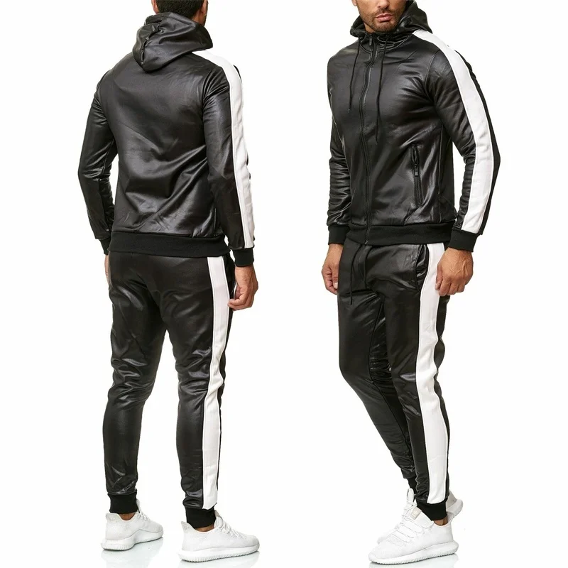 ZOGAA, мужские толстовки из искусственной кожи, комплект из 2 предметов, повседневный спортивный костюм, куртка с капюшоном и штаны, костюм для бега, спортивные костюмы для мужчин