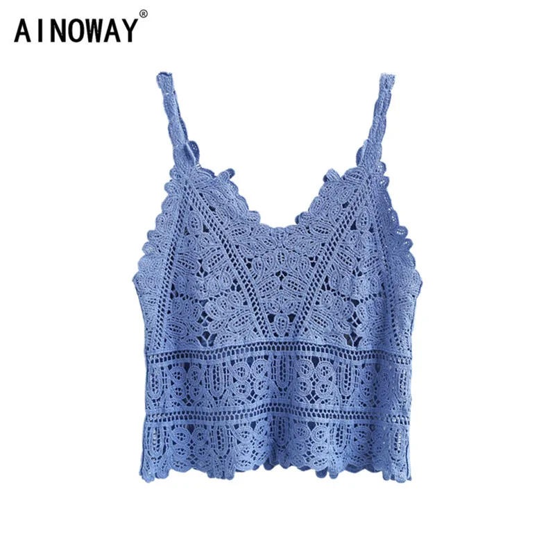 

summer 2019 bohemian short strap seaside holiday openwork lace outside wearing knitted boho vest for women