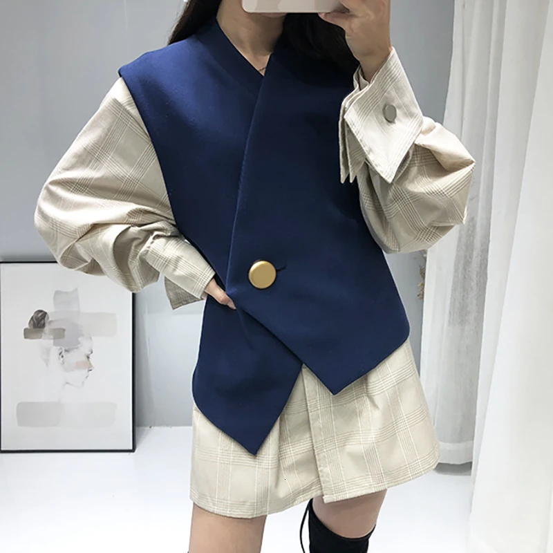 [DEAT] модный тренд, дизайн, клетчатое короткое платье с расклешенными рукавами жилет с v-образным вырезом и одной пряжкой комплект из двух предметов AT766