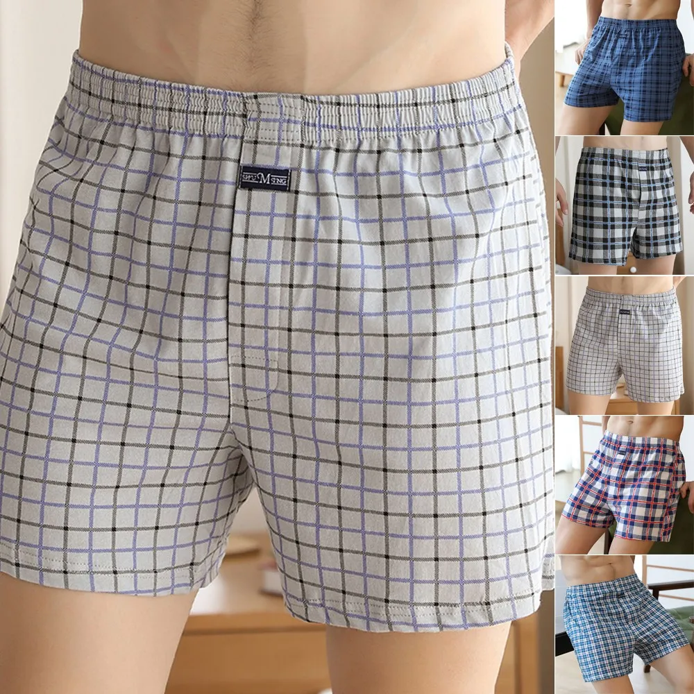 Men's Casual Loose Underwear Plaid Wide Leg Cotton Boxer Short Panties Home Wear Underpants Fashion Comfy Nightwear Bottom Pants funny boxers for men