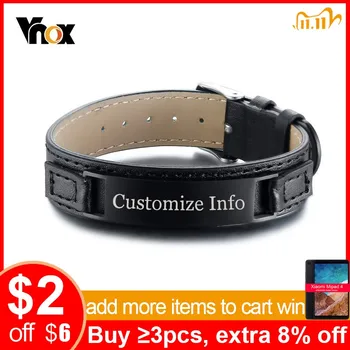 

Vnox Mens Leather Bracelets Free Custom Engraving Info Stainless Steel ID Strap Bangle Gifts for Male Size Adjustable