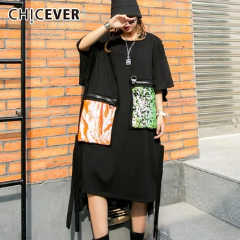 

CHICEVER Casual Patchwork Pocket Hit Color Dress Female O Neck Short Sleeve Oversize Loose Casual Midi Dresses Women 2020 New