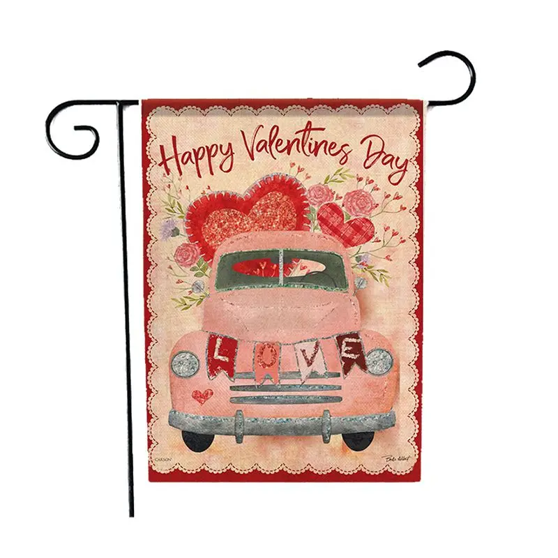 Happy Valentine's Day Linen Garden Flag Decorative Hanging Banner Indoor Outdoor Garden Yard Decoration