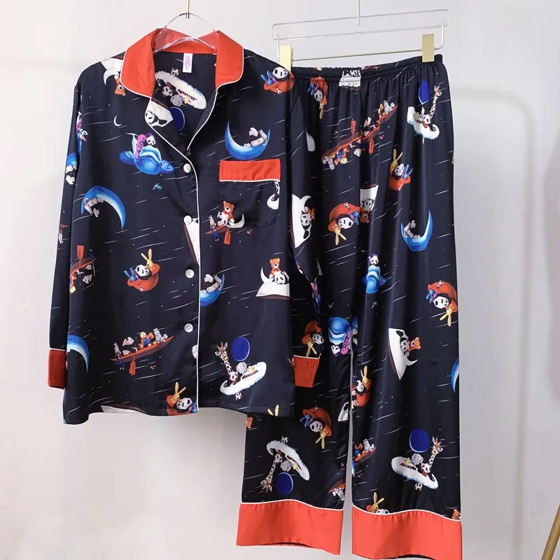 

Fiklyc Pajamas Lady Spring Silk Long Sleeve Large Size Thin Cartoon Simulation Silk Two-piece Suit Home Service