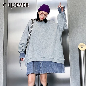 

CHICEVER Patchwork Denim Hit Color Dress For Women O Neck Long Sleeve Oversize Loose Female Dresses 2020 Autumn Fashion New