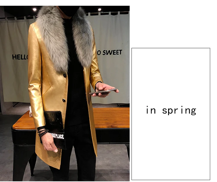 Mens Long Leather Trench Coats Black Long Coat Mens Burgundy Erkek Palto Fur Collar Luxury Gold Long Men