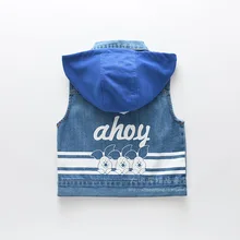 0625-11 детская одежда Осень стиль с принтом букв для мужчин и женщин детский джинсовый жилет с капюшоном