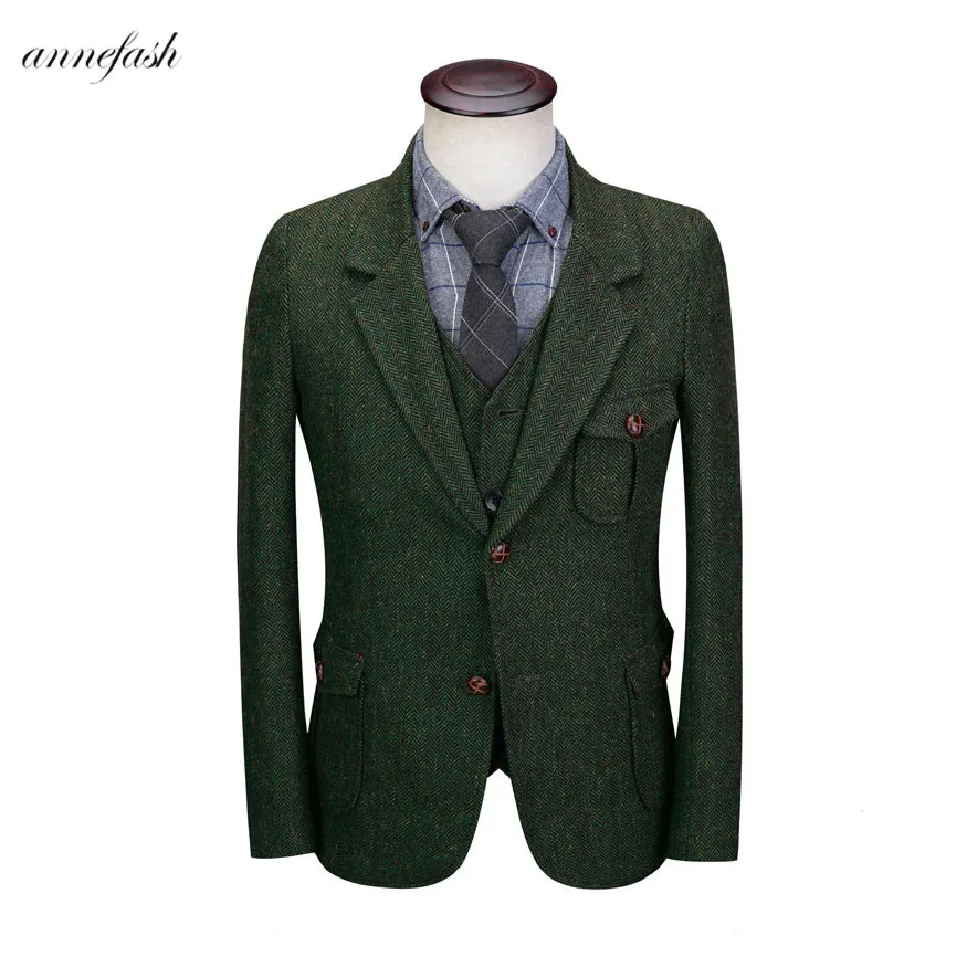 

men woolen Multi Pocket American work suit arm green herringbone tweed jacket spring and autumn trend men suit 3pcs