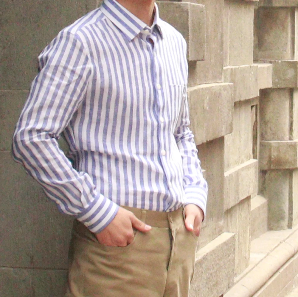 Luxury Spring Summer Men's Dress Shirt Custom Made Shirts 100% Linen Blue Stripe Breathable Linen Shirts Tailor Made Men Shirts