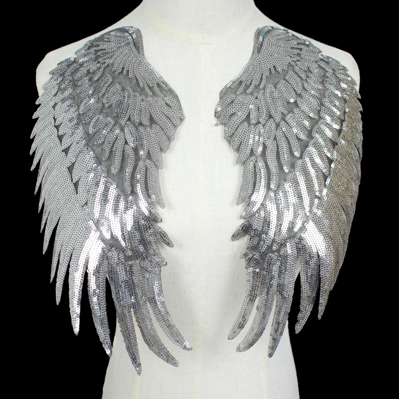 PAIR SEQUINS WINGS IRON OR SEW ON EMBROIDERY PATCH APPLIQUE CUSTOMISE CLOTHING 