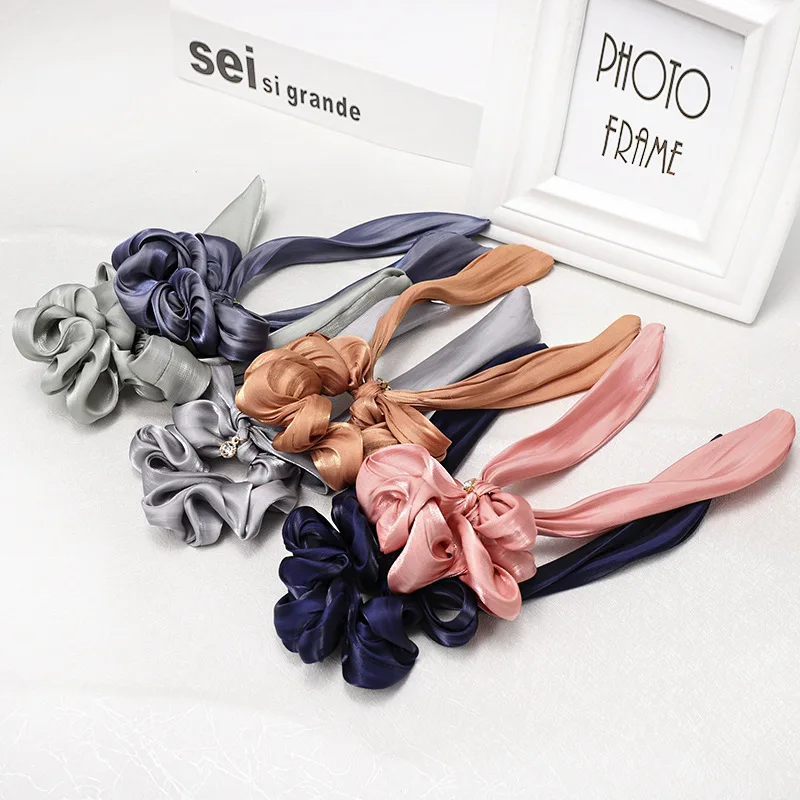 

6 Pack Hair Scrunchies New satin pure color bright silk fabric bow ribbon large intestine hair ring head ornaments