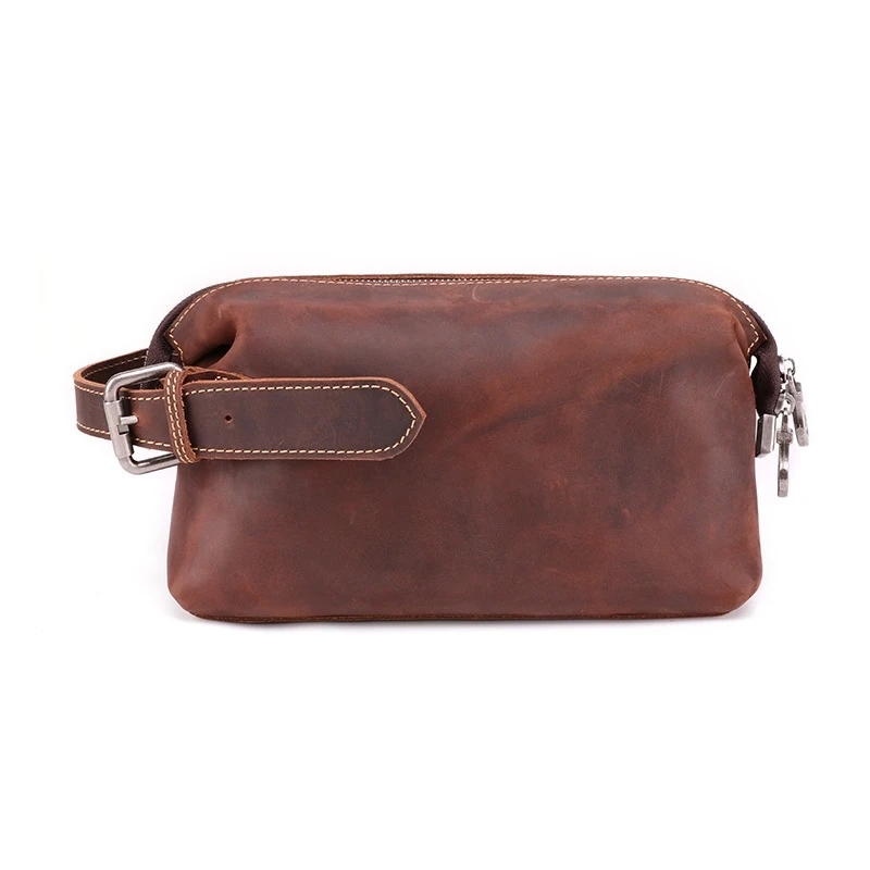 Crazy Horse Leather Retro Leather Wash Bag Multi-Function Storage Bag Top Layer Leather Men's Clutch Bag - Цвет: chocolate