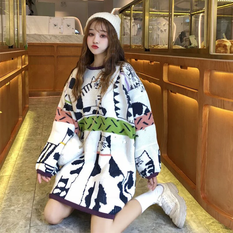 

Korean students lazy wind sweater female 2019 new autumn and winter wear knitted loose long paragraph pullover shirt tide