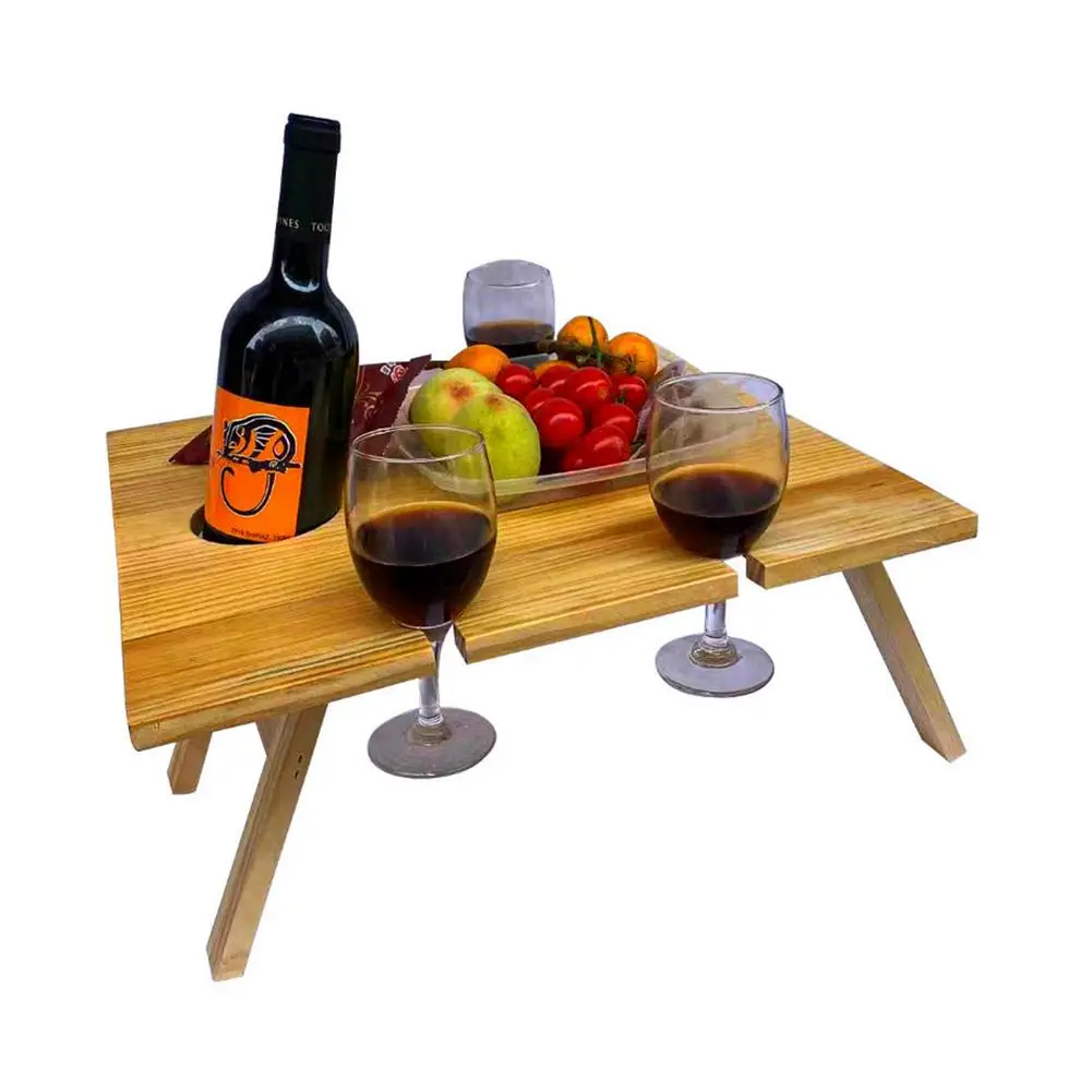 Opvouwbare Draagbare Houten Picknicktafel Met Wijnglashouder - Bamboe Wijntafel Voor Camping, Wandelen En Outdoor