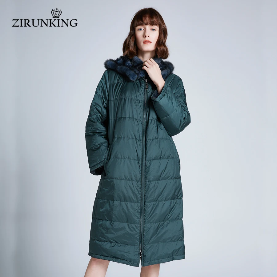 ZIRUNKING Women Real Mink Fur with Down Coat Lady Reversible Natural Fur Long Coat Female Winter Warm Outerwear Clothing ZC1904