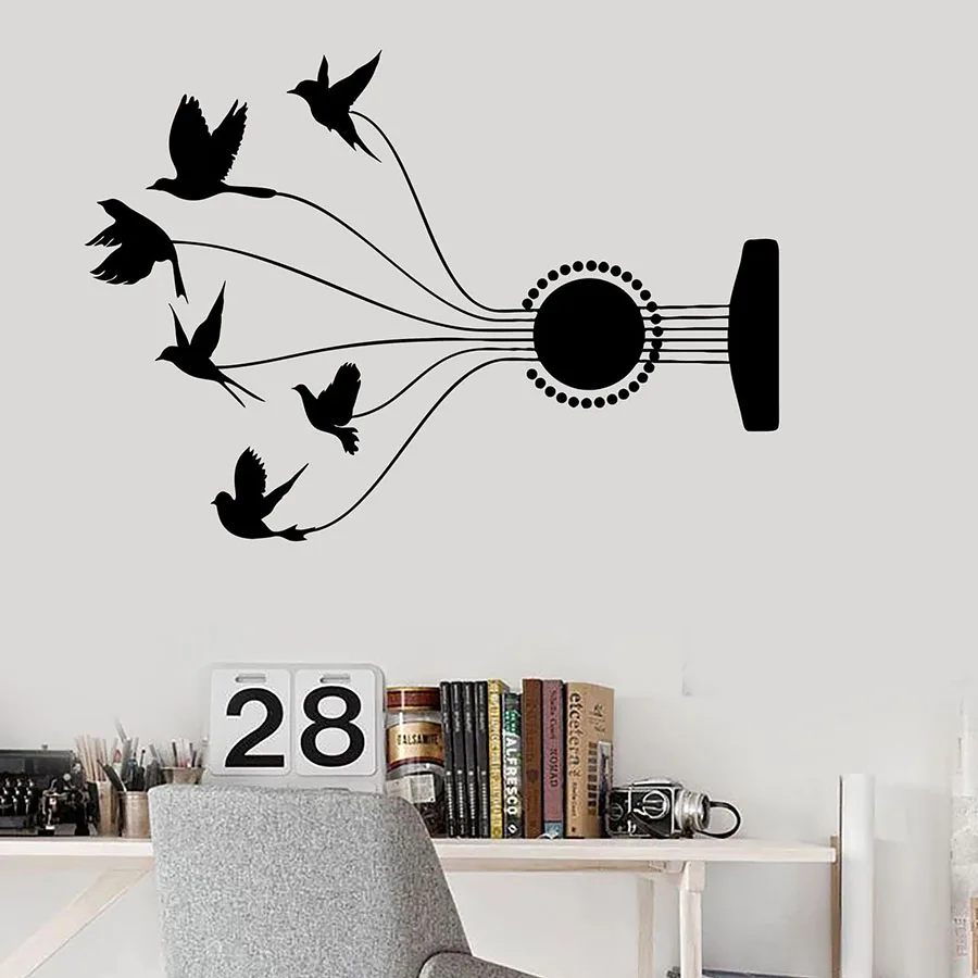 Chitarra String Adesivo Music Room Birds Pull Musicale Vinile Finestra Adesivi In Vetro Art Camera Da Letto Chitarre Studio Room Decor S1339