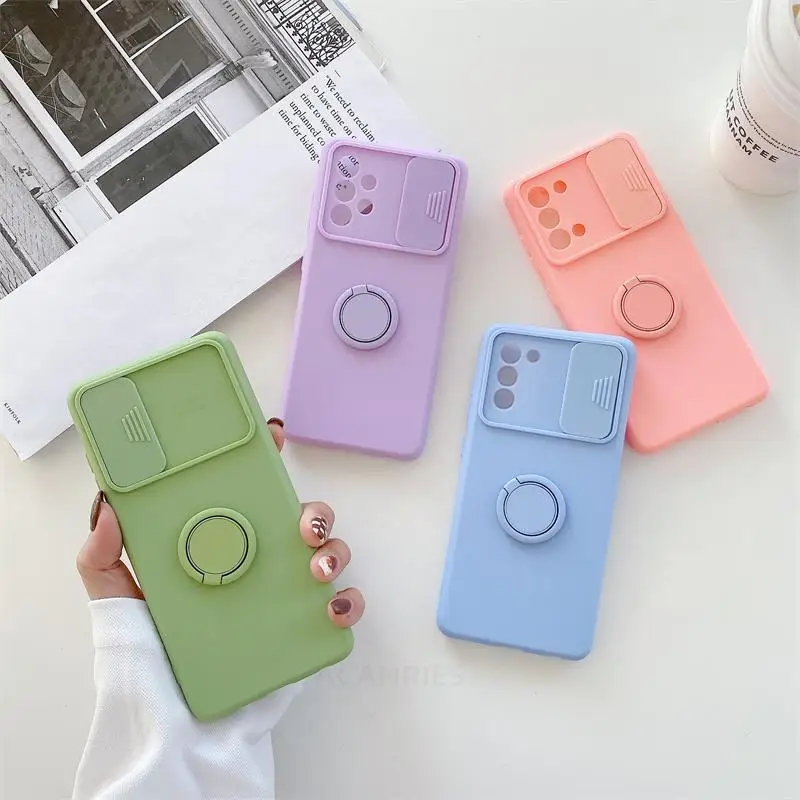 Slide Camera Protect Ring Phone Holder Case On Per Samsung Galaxy S21 S20 Fe A52 5G Cover In Silicone Liquido