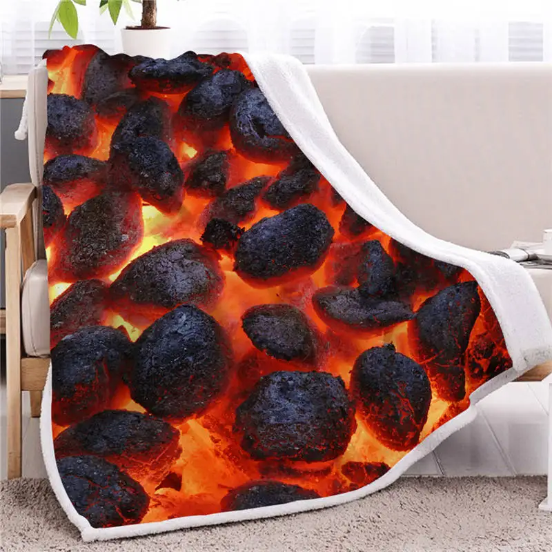 BlessLiving 3D Print Sherpa Blanket Burning Briquettes Blankets For Beds Flame Fire Cobertor Red Black Coal Warm Fluffy Blanket - Цвет: 1